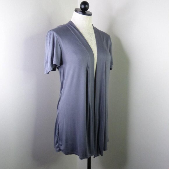 New B'Leev Juniors L Mesh Floral Back Draped Open-Front Short Sleeve Cardigan - Picture 4 of 9